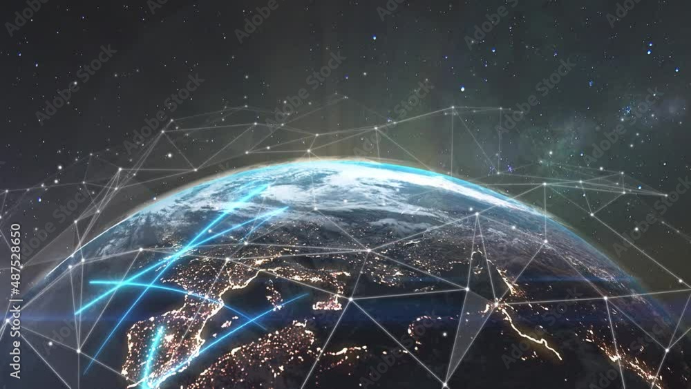 Night planet earth with communication lines. Visualization of the global social connections of the world network. Modern business and technology, information exchange concept. High quality 4k footage