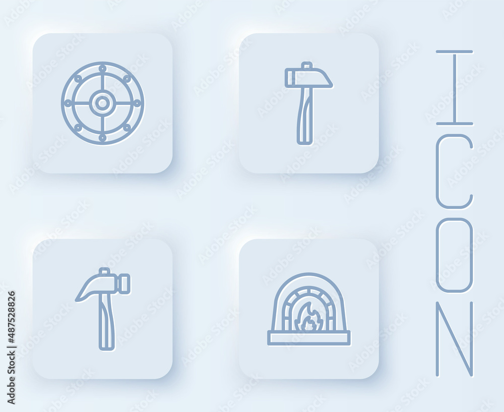Set line Round shield, Hammer, and Blacksmith oven. White square button. Vector Set line Round shield, Hammer, and Blacksmith oven. White square button. Vector
