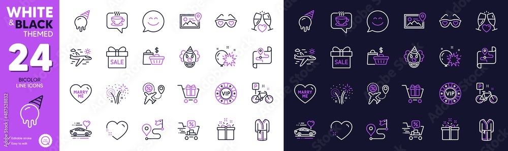 Fireworks, Bathrobe and Love glasses line icons for website, printing. Collection of Vip chip, Airplane travel, Clown icons. Heart, Special offer, Flight sale web elements. Bike. Vector Fireworks, Bathrobe and Love glasses line icons for website, printing. Collection of Vip chip, Airplane travel, Clown icons. Heart, Special offer, Flight sale web elements. Bike. Vector