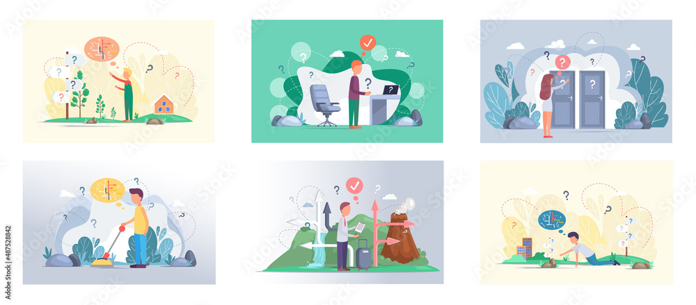 Making confusion. Doubts person surrounded by question marks. Questions dilemma situations. Asking questions. Confused people. Making choice. Being confused. Thinking or make decision. Solving problem