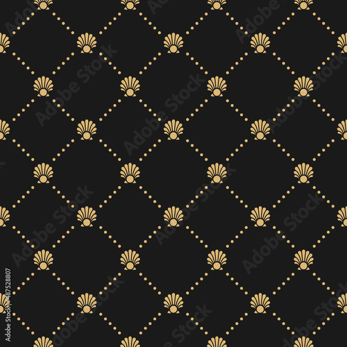 Seamless golden pattern with sea shell on black background.