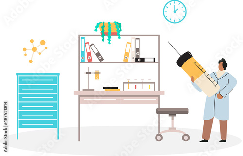 Scientist conducts scientific researches, virology in lab, holding vaccine, syringe and wearing medical suit. Coronavirus vaccine complete development. Medicines for treatment, doctor with injection