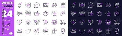 Fireworks, Bathrobe and Love glasses line icons for website, printing. Collection of Vip chip, Airplane travel, Clown icons. Heart, Special offer, Flight sale web elements. Bike. Vector