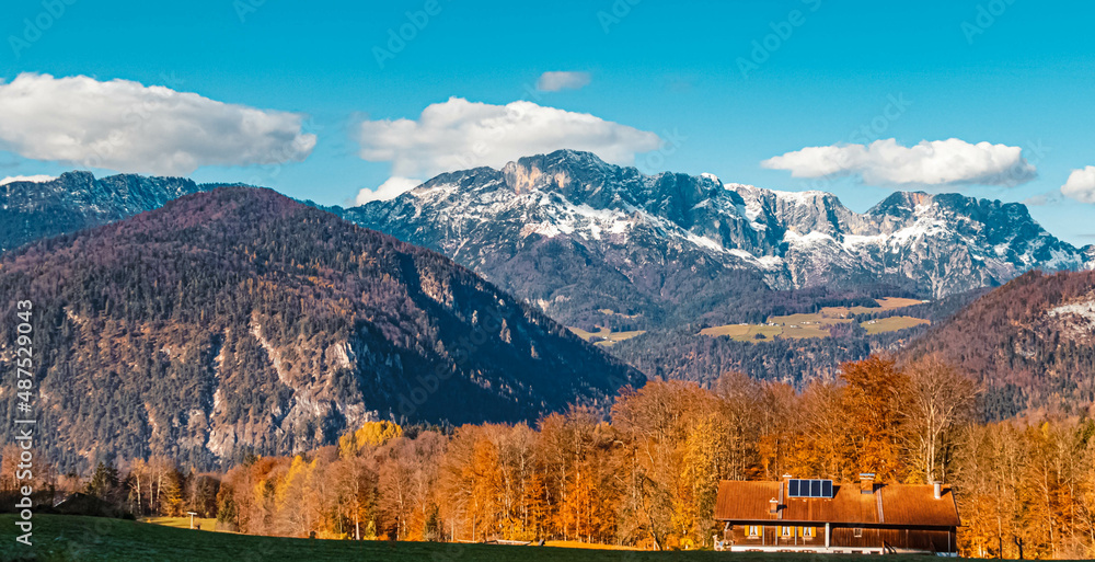 Beautiful autumn or indian summer view with the famous Untersberg mountains in the background near Berchtesgaden, Bavaria, Germany