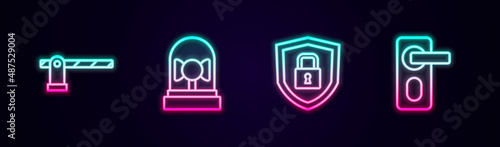 Set line Parking car barrier, Ringing alarm bell, Shield security with lock and Fingerprint door. Glowing neon icon. Vector