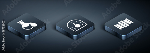 Set Isometric Oil petrol test tube, Industry metallic pipes and valve and Motor gas gauge icon. Vector