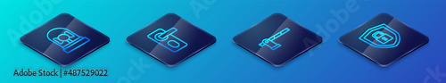 Set Isometric line Parking car barrier, Ringing alarm bell, Shield security with lock and Fingerprint door icon. Vector