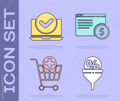 Set Lead management, Laptop, Add to Shopping cart and Online shopping on screen icon. Vector