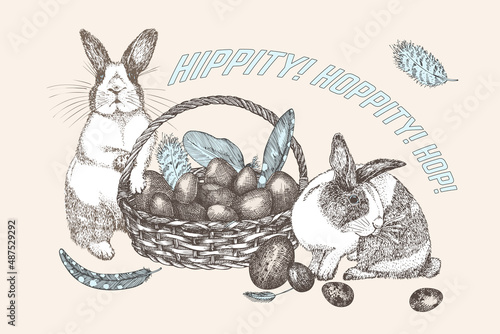 Bunnies and Easter eggs basket. Birds Feathers. Engraved vintage style. Greeting card. Line art ester rabbit Decoration design. Happy holiday folkstyle banner. Hippity Hoppity Hop Vector.