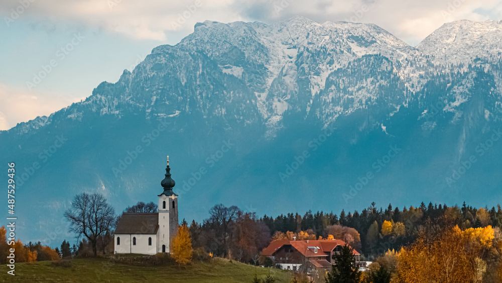 Beautiful autumn or indian summer view at the famous Neubichler Alm, Piding, Bavaria, Germany