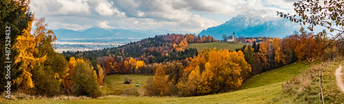 Beautiful autumn or indian summer view at the famous Neubichler Alm, Piding, Bavaria, Germany