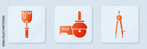 Set Angle grinder, Putty knife and Drawing compass. White square button. Vector