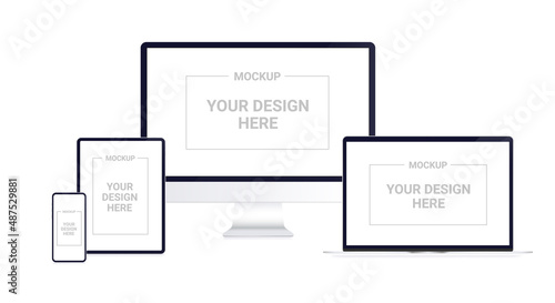 Devices mockup on white background - Realistic vector set of computer, laptop, desktop, tablet and smartphone with blank screens.