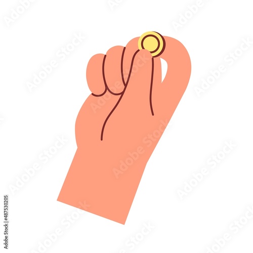 Gold coin squeezed between fingers icon. Hand holding abstract golden dollar ...
