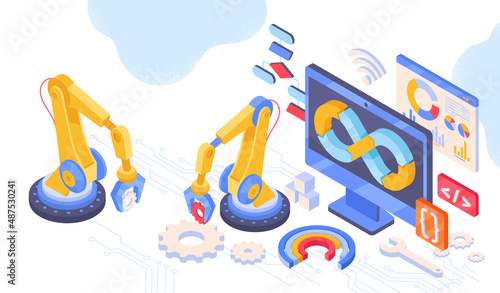 Development operations concept. Process optimization metaphor. Monitor screen next to automatic hands. Modern technologies and digital world. Graphs and charts. Cartoon volumetric vector illustration