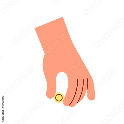 Fingers squeezing gold coin. Hand holding change, donating. Finance help, don...