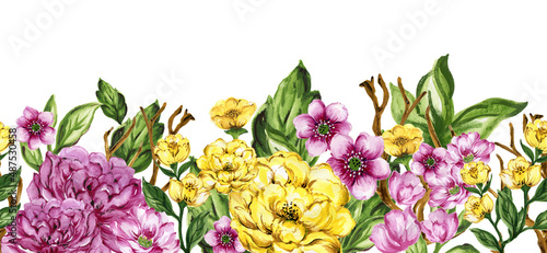 Fototapeta Naklejka Na Ścianę i Meble -  Spring blossoming wild flowers , peonies and rose background, pink and yellow and soft floral branch horizontal banner