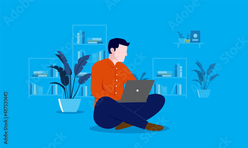 Man working on laptop sitting on floor alone at home with blue background. Vector illustration