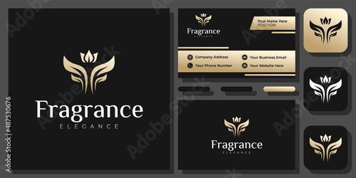 Initial Letter FF or F Gold Golden Plant Leaf Luxury Crown Vector Logo Design with Business Card