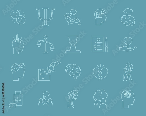 Psychotherapy and psychology line icon set. Simple thin outline pictogram collection. Mental health elements. Anxiety, group therapy, mood disorder, depression. Editable stroke vector illustration