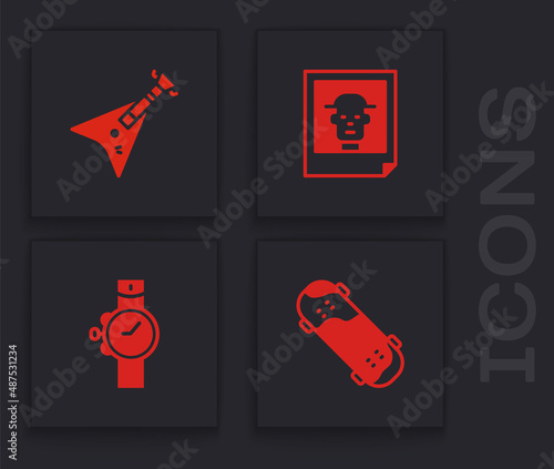 Set Skateboard trick, Electric bass guitar, Photo and Wrist watch icon. Vector