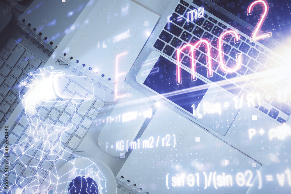 Physics and math theme hologram with formula drawings over computer on ...