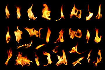 A small group of beautiful lights up close Ignites fuel on a black background at night Red yellow heat energy on black background
