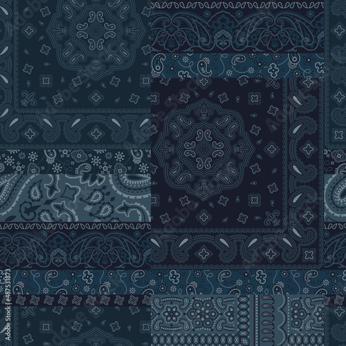 Blue bandana kerchief paisley fabric patchwork abstract vector seamless pattern 