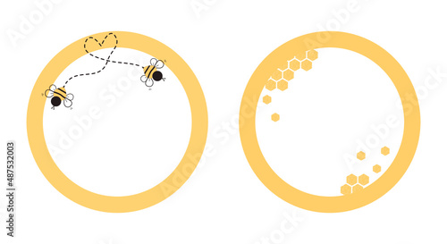 Set of honey circle frame signs with bee cartoons, heart dot line and beehive honeycomb isolated on white background vector.