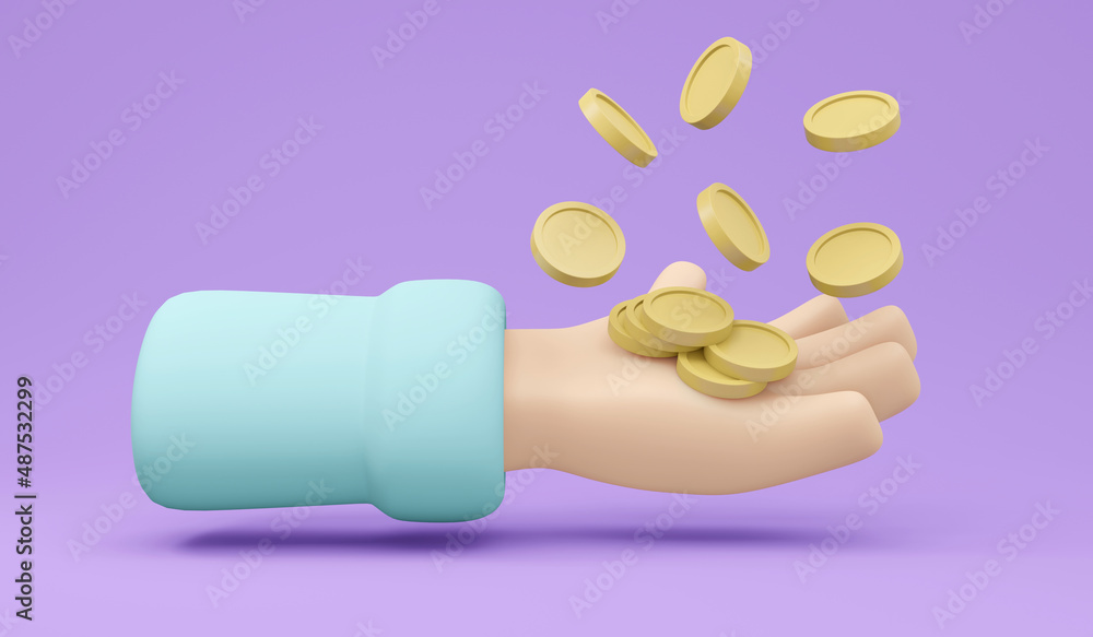 3D Rendering of hand holding money coins on background concept of money management, savings, wealth. 3D Render illustration. 3D Rendering of hand holding money coins on background concept of money management, savings, wealth. 3D Render illustration.