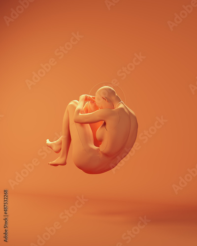 Orange Woman Floating Fetal Foetal Position Studio Shot Space Woman Human Body Back View with Orange Background 3d illustration render photo