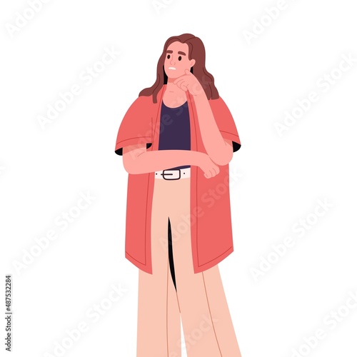 Puzzled questioned person thinking, worrying. Upset uncertain woman in doubts. Confused pensive female with hand on chin. Disappointed human. Flat vector illustration isolated on white background