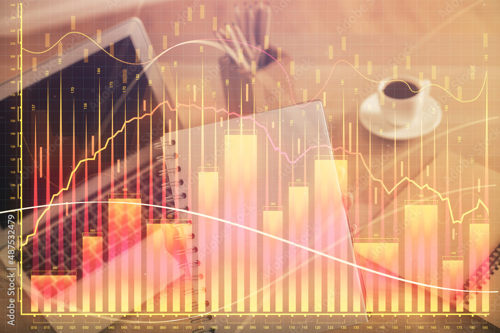 Double exposure of businesswoman hands typing on computer and forex chart hologram drawing. Financial analysis concept. Double exposure of businesswoman hands typing on computer and forex chart hologram drawing. Financial analysis concept.