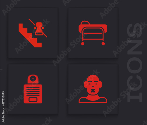 Set Head of deaf and dumb, Disabled elevator, Stretcher and Intercom icon. Vector