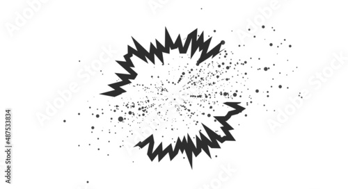 Cartoon explosion with flying particles effect. Radial explosion silhouette. Flat vector illustration isolated on white background.