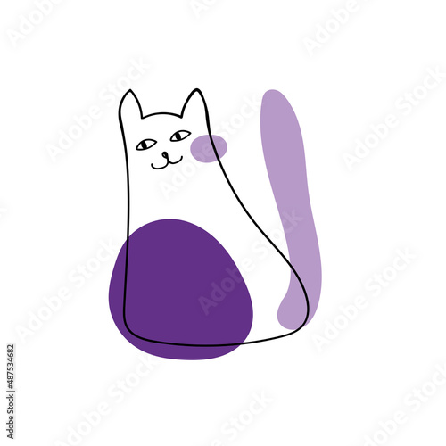 Smiling hand drawn cat. Playful kitten and abstract modern shapes in very peri color isolated on white background.