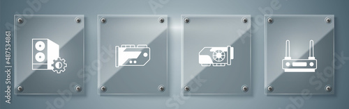 Set Router and wi-fi signal, Video graphic card, and Case of computer. Square glass panels. Vector