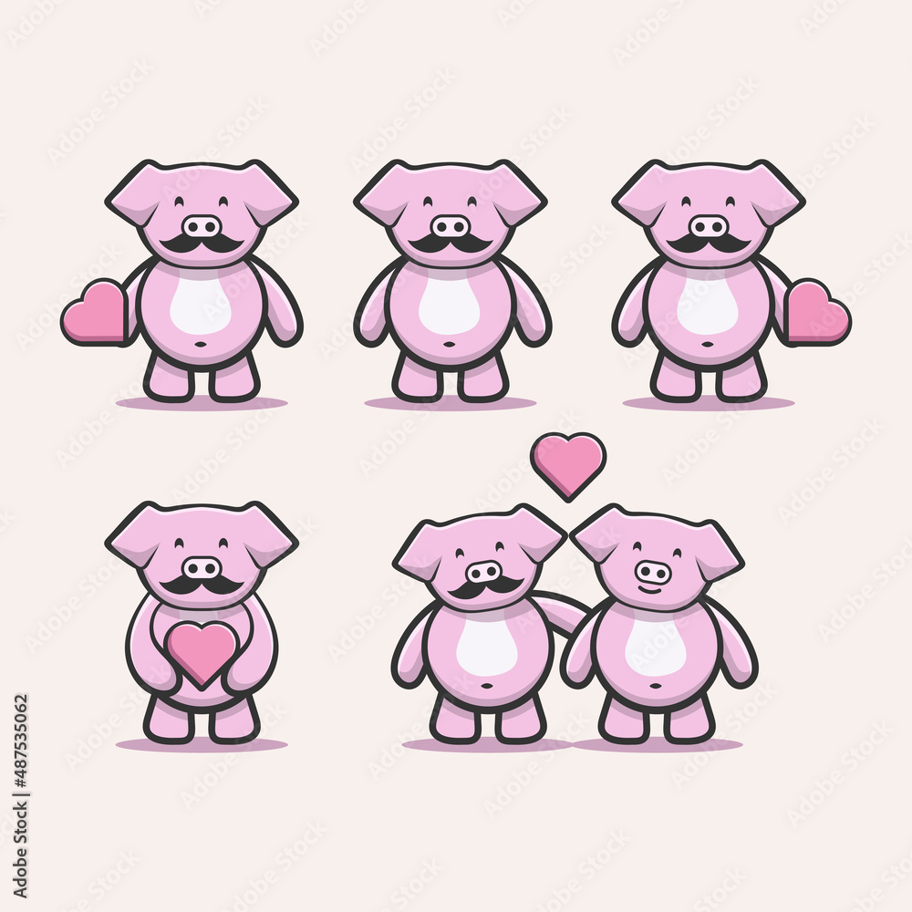 set cartoon pig and love