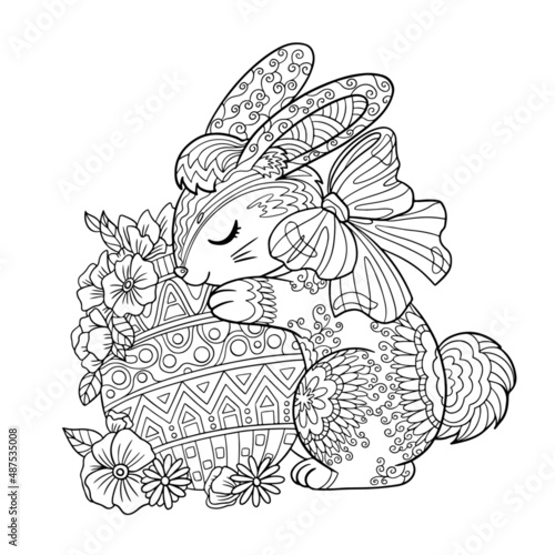 Easter sweet rabbit with decorative egg and spring flowers. Coloring book page for adult with doodle and zentangle elements. Vector hand drawn isketch solated.