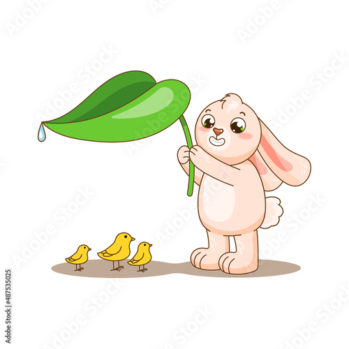 Cute pink rabbit hold a leaf to protect little birds. Vector illustration for design, kids poster, print. Funny comic carttoon bunny care about others.