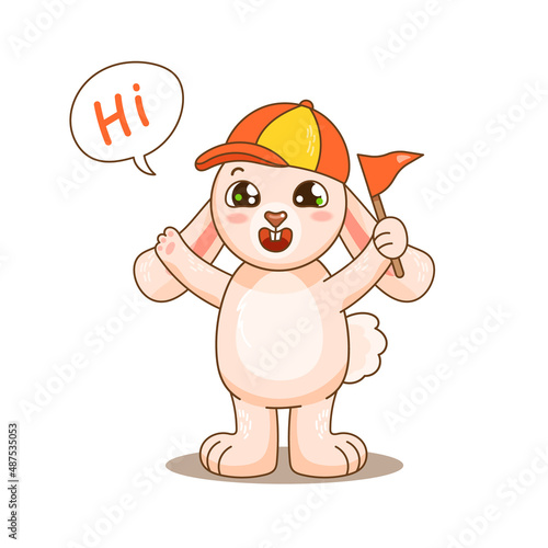 Smiley pink rabbit say hi and hold red flag and wear cap. Vector illustration for design, kids poster, print. Funny comic carttoon bunny guide.