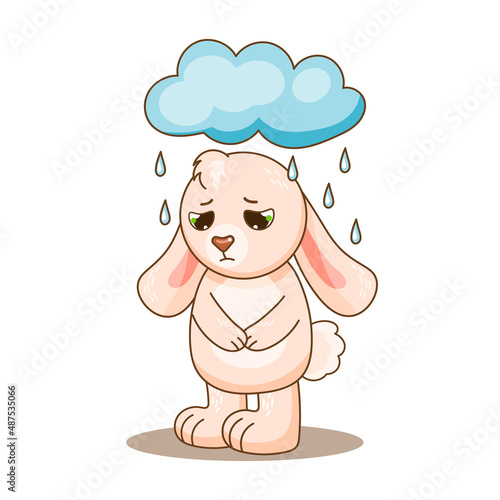 Sad pink rabbit under rainy cloud and watch down. Vector illustration for design, kids poster, print. Funny comic carttoon bunny with emotions.