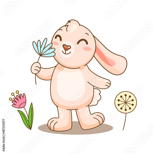 Adorable pink rabbit sniff flower and love spring. Vector illustration for design, kids poster, print. Funny positive comic carttoon bunny smell flowers.