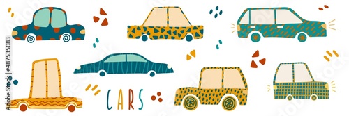 Set with hand drawn cars and abstract dots in cute childish style. Perfect for cards, poster, nursery decoration.