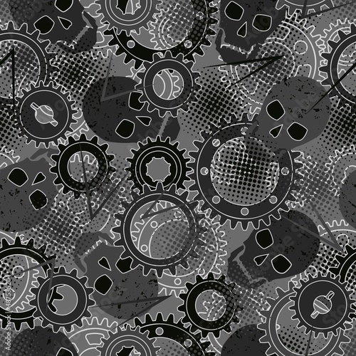 Seamless pattern with silhouette of gears, skulls, dotted halftone texture. Gray camouflage colors for apparel, fabric, textile, sport goods.