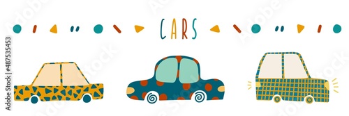 Set with hand drawn cars and abstract dots in cute childish style. Perfect for cards, poster, nursery decoration.