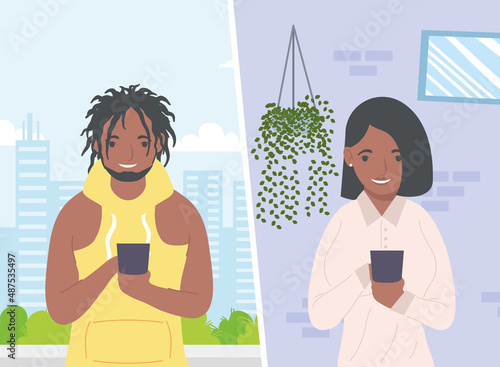 afro couple using smartphones