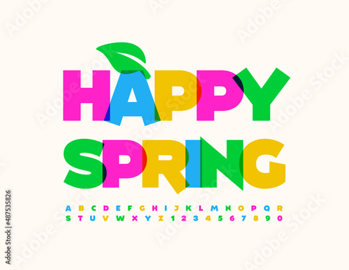 Vector seasonal poster Happy Spring. Colorful creative Font. Bright Alphabet Letters and Numbers set