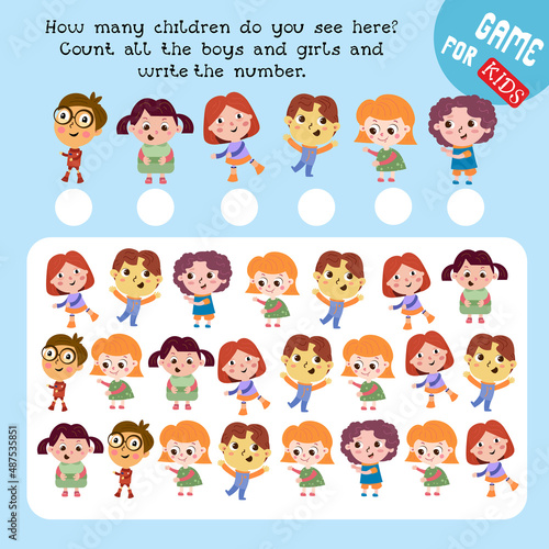 How many children do you see here. Count the boys and girls and write the numbers. Game for children. Math worksheet for kids. Vector color illustration.