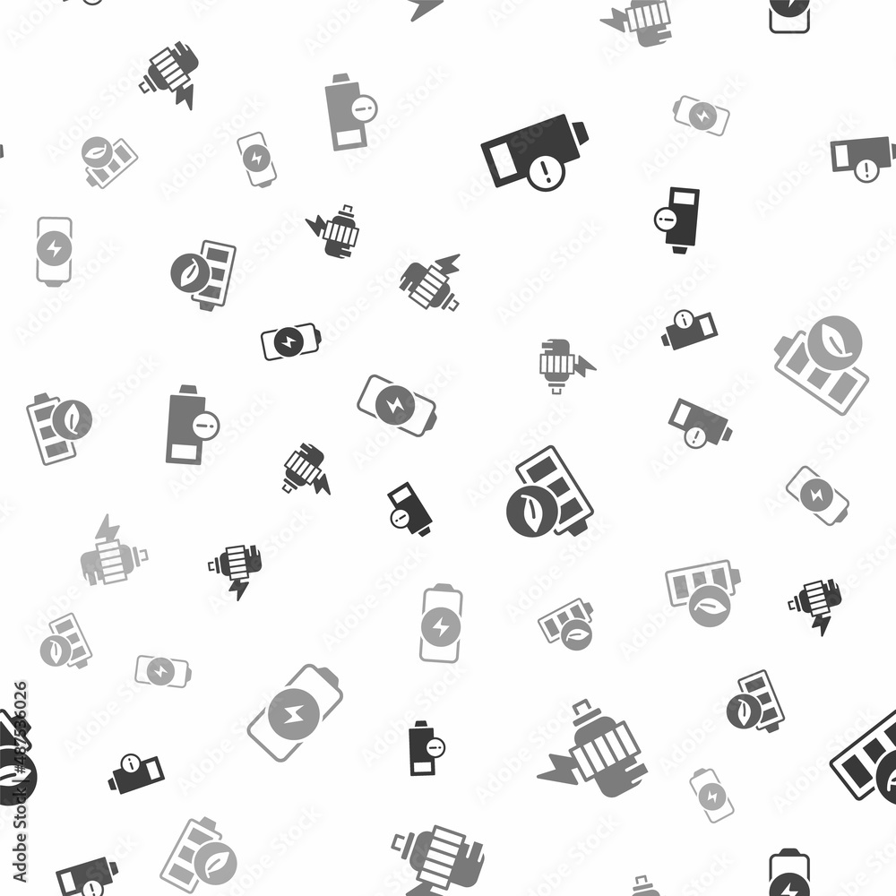 Set Low battery, Electric motor, Eco nature leaf and Battery charge on seamless pattern. Vector Set Low battery, Electric motor, Eco nature leaf and Battery charge on seamless pattern. Vector